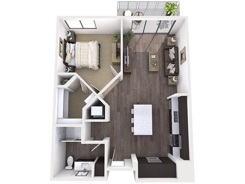 A top-down view of a modern, minimalist bedroom and bathroom.